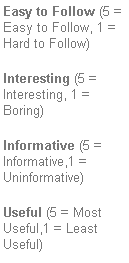 Text Box: Easy to Follow (5 = Easy to Follow, 1 = Hard to Follow)
Interesting (5 = Interesting, 1 = Boring)
Informative (5 = Informative,1 = Uninformative)
Useful (5 = Most Useful,1 = Least Useful)
